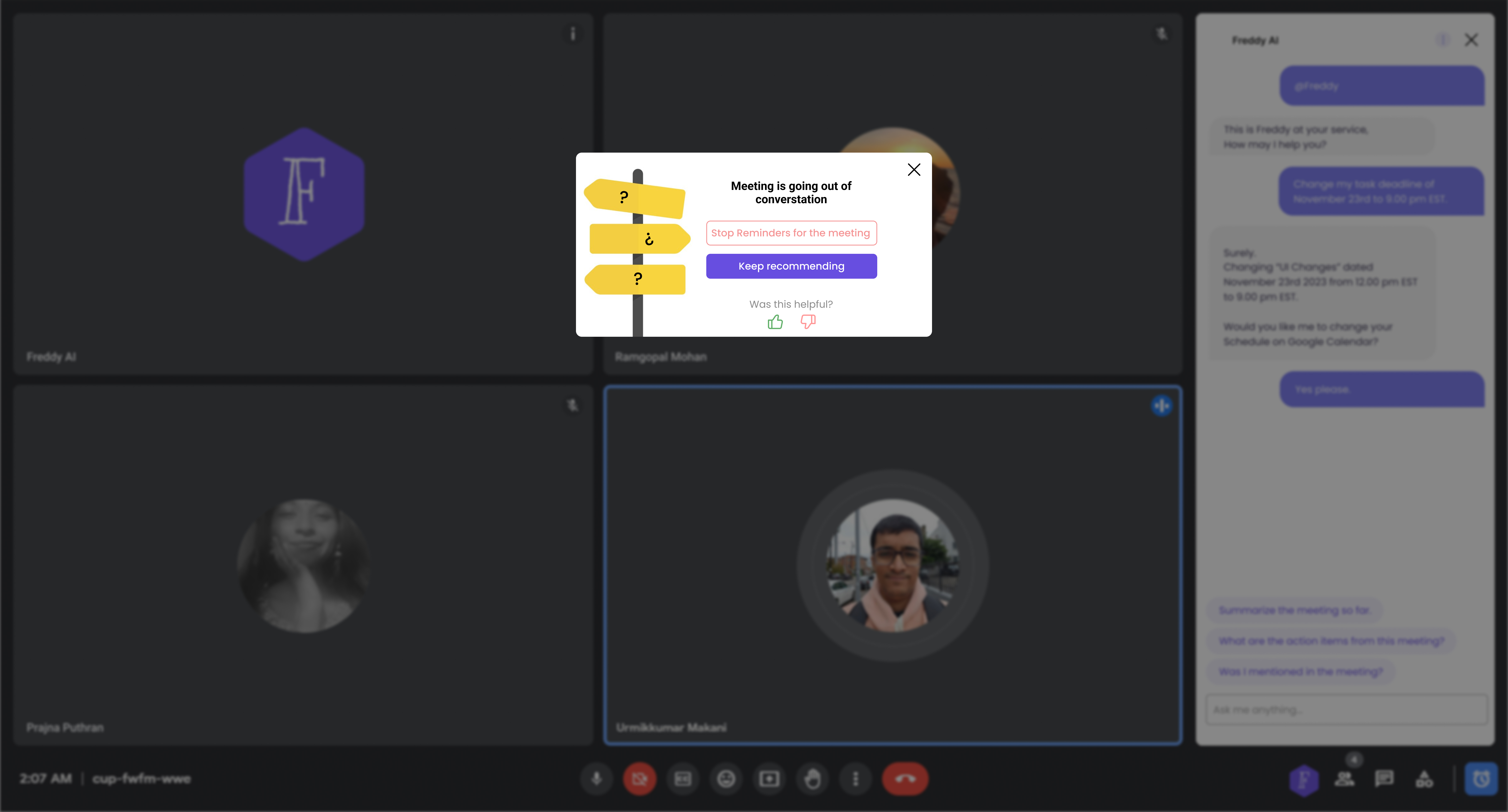 Freddy AI agenda enforcement alert — Meeting is going out of conversation, with Stop Reminders or Keep Recommending options