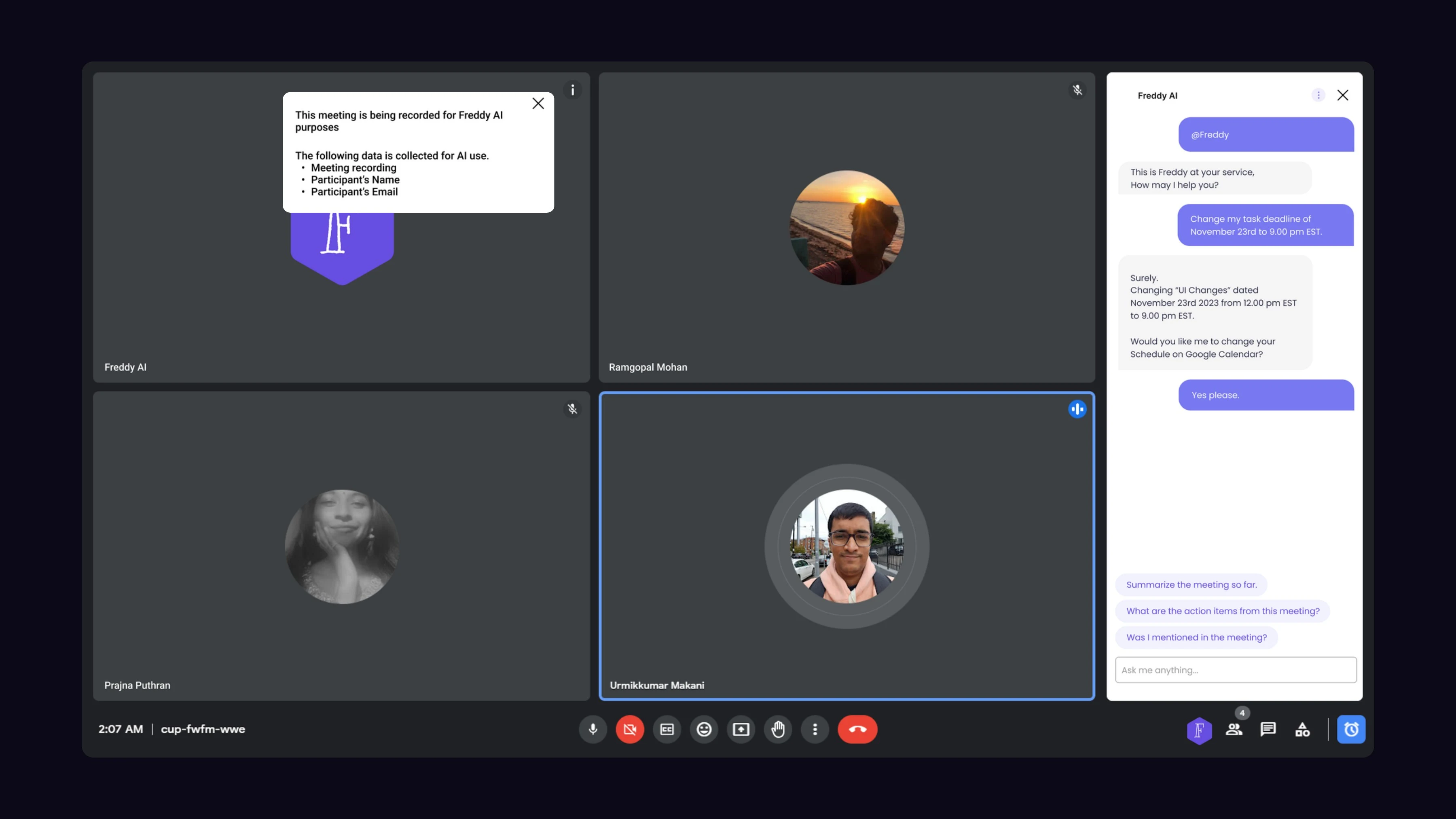Freddy AI privacy disclaimer shown immediately to all participants when recording begins