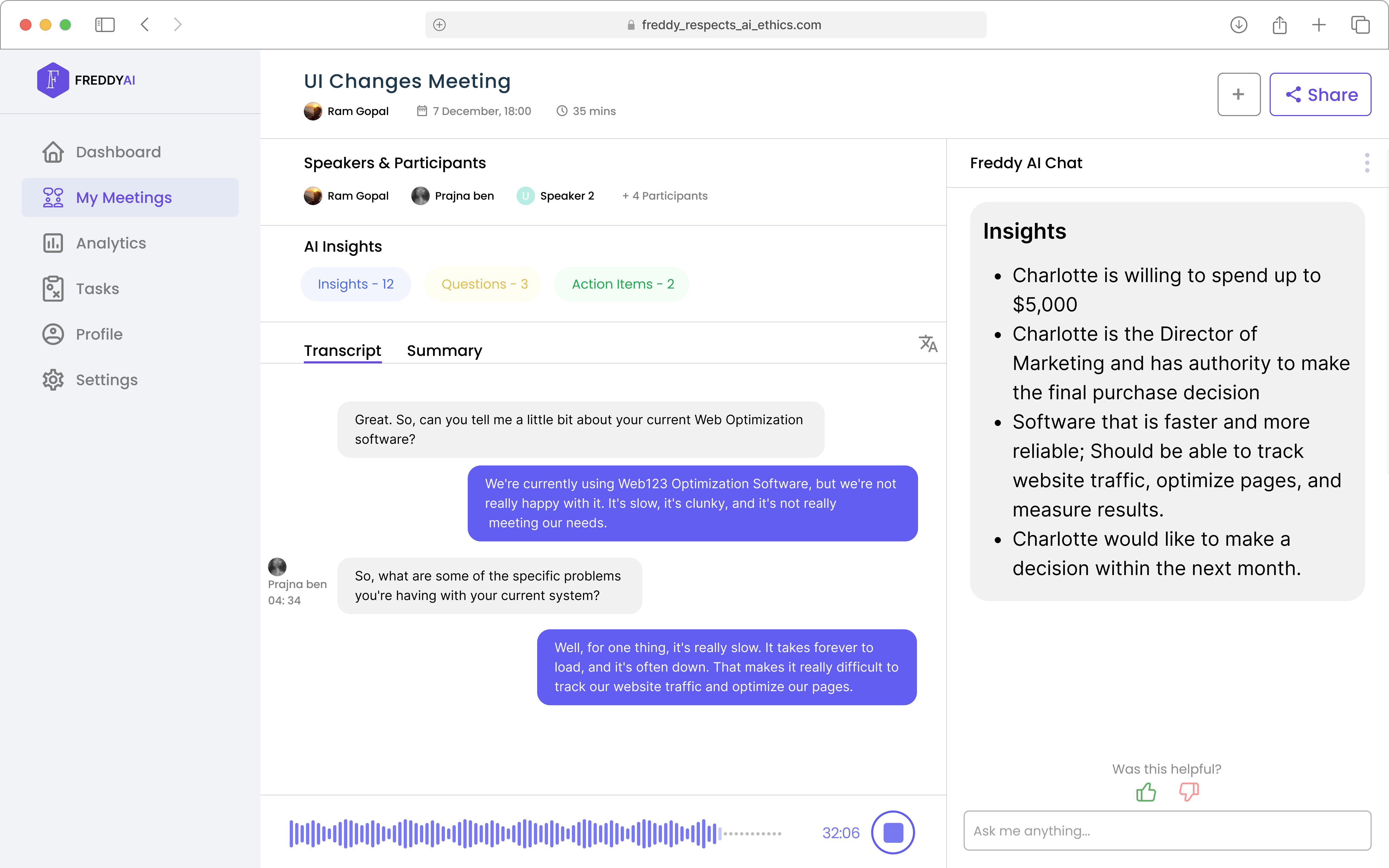 Post-meeting dashboard showing transcript, AI insights panel with key details extracted from the meeting