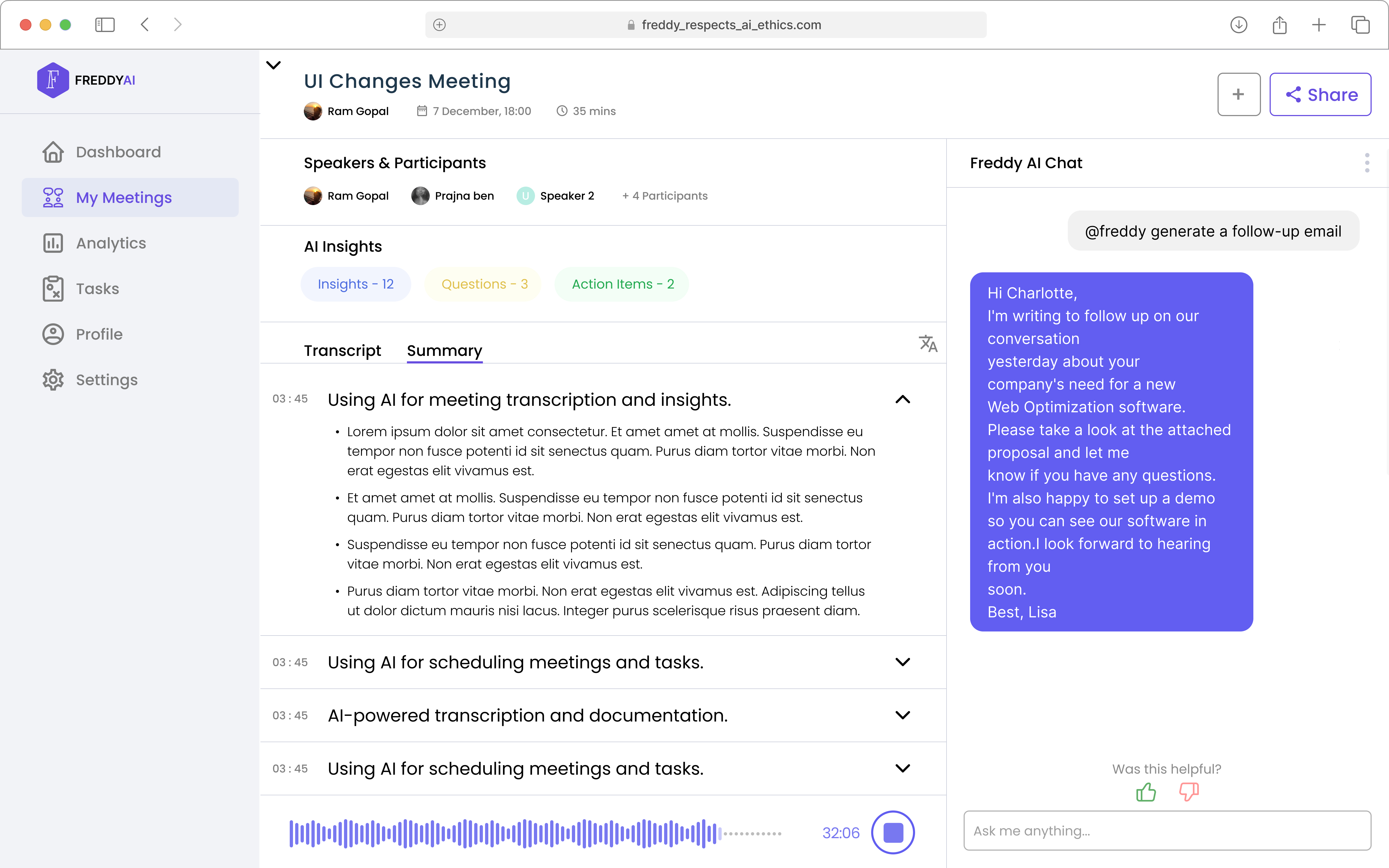 Post-meeting summary view with AI-generated follow-up email in the Freddy chat panel