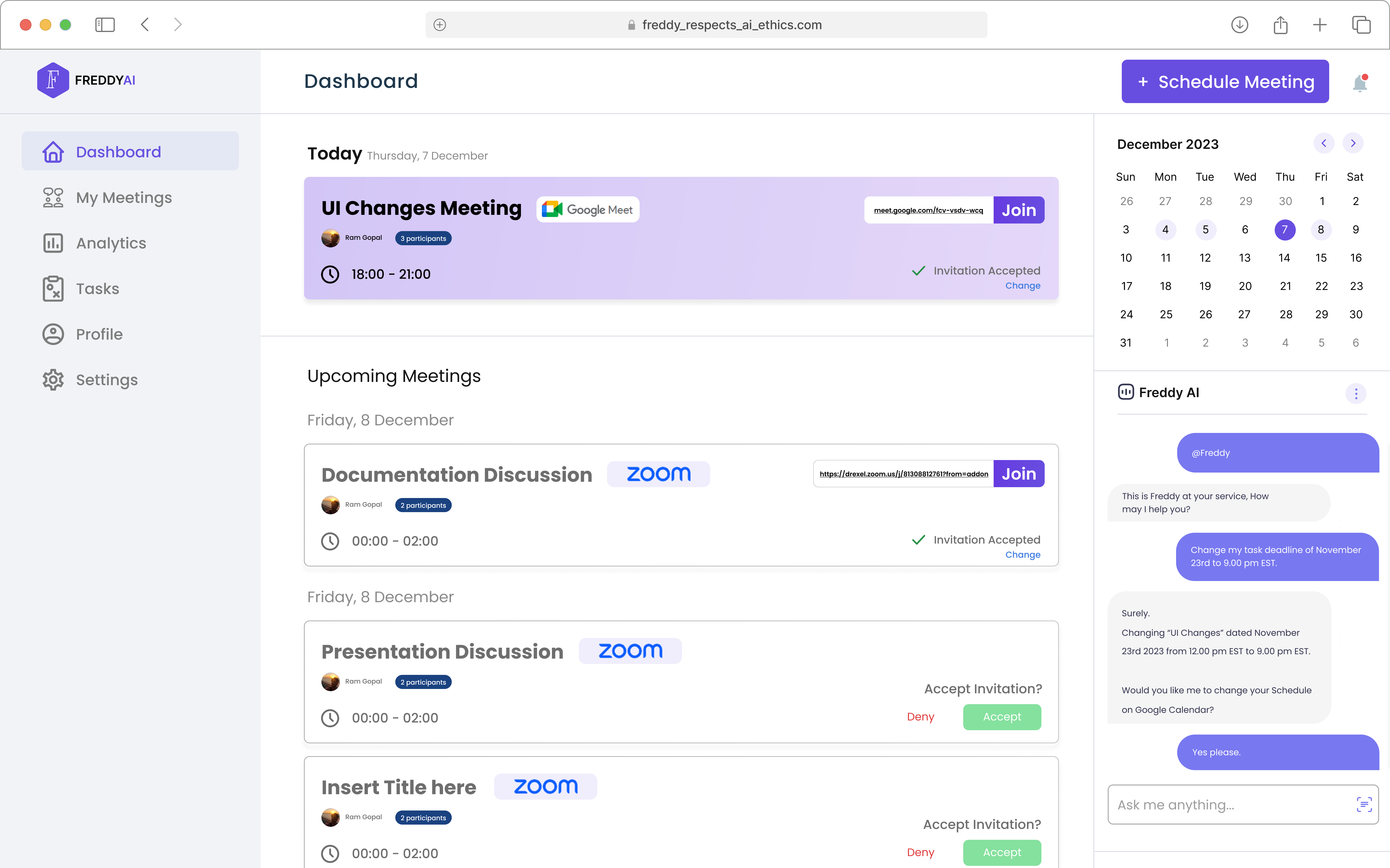 Freddy AI pre-meeting scheduling interface showing platform selection, agenda input, and calendar sync