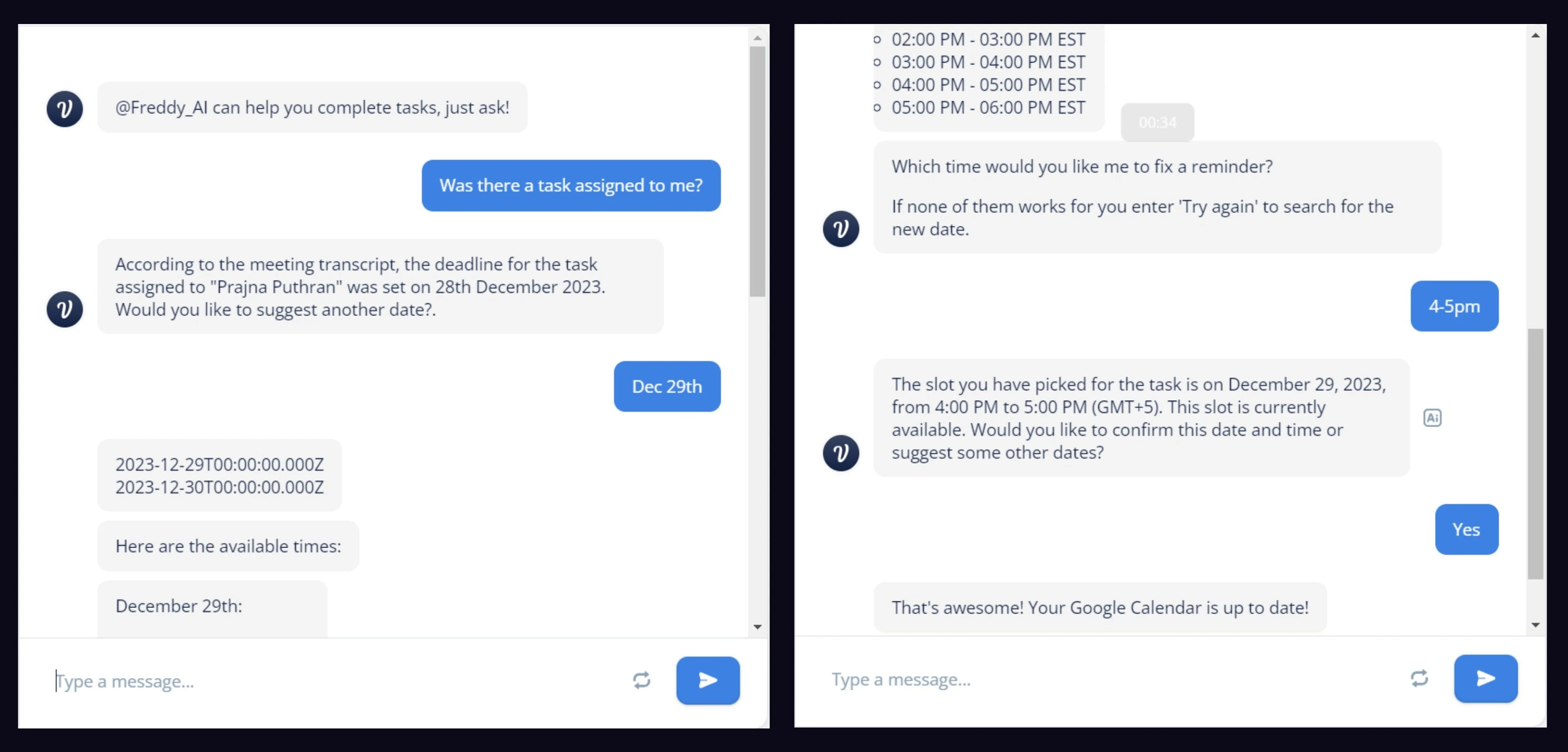 Chatbot scheduling interaction showing task deadline confirmation and available time slot selection