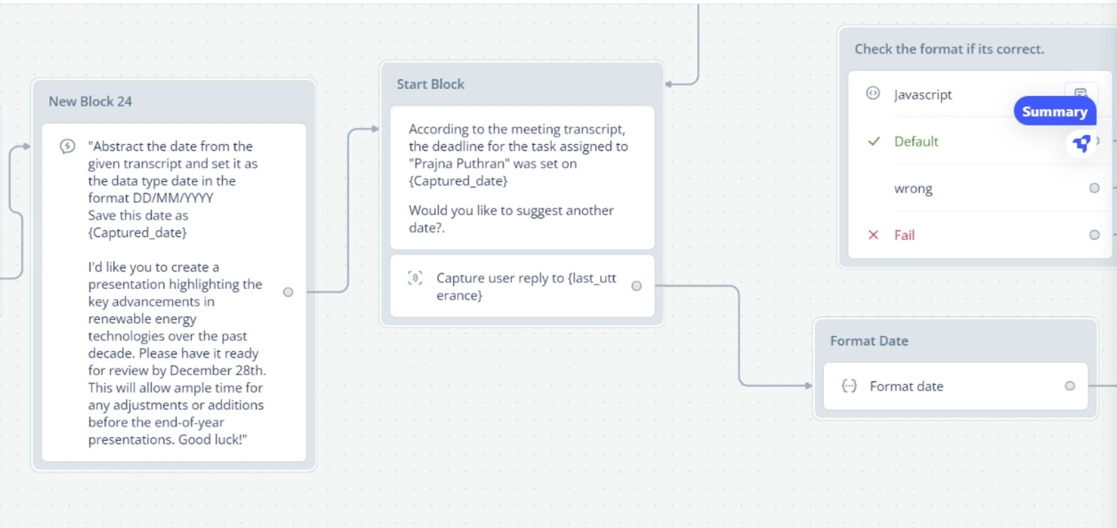 Voiceflow conversation flow diagram showing task deadline extraction, date parsing, and calendar confirmation blocks