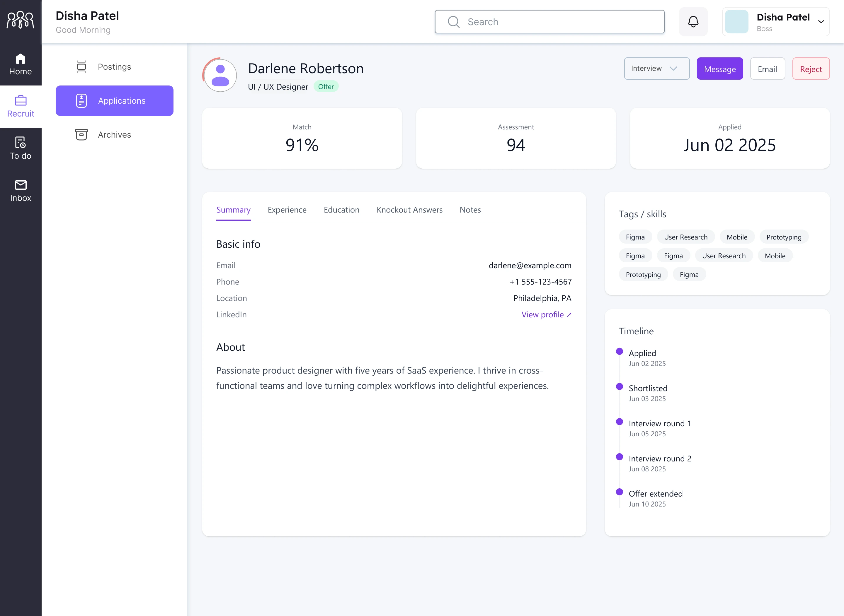 Individual candidate profile showing 91% match, 94 assessment score, skills, and full application timeline