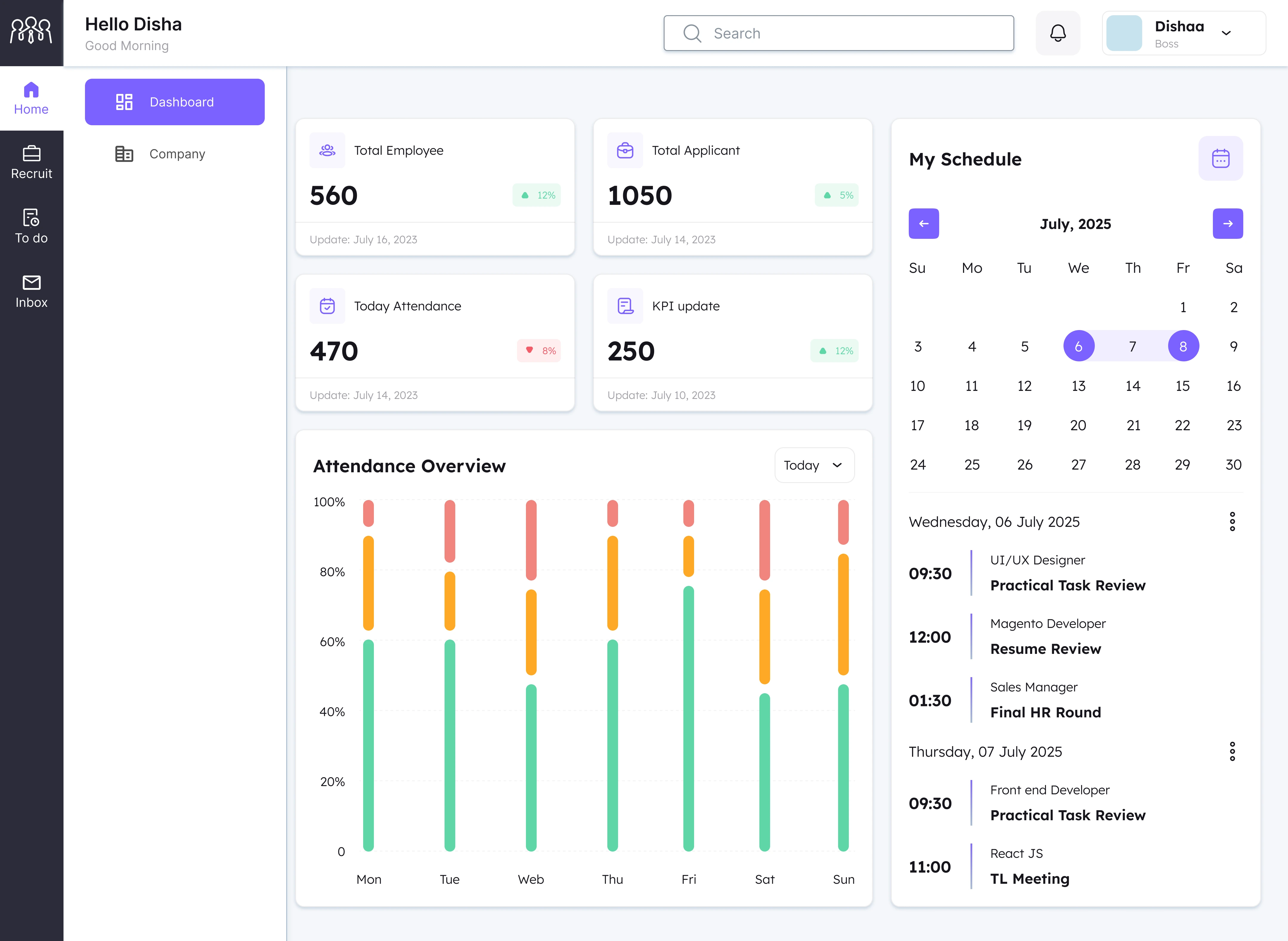 Recruitmatch employer dashboard showing total employees, applicants, attendance overview chart, and scheduled interviews