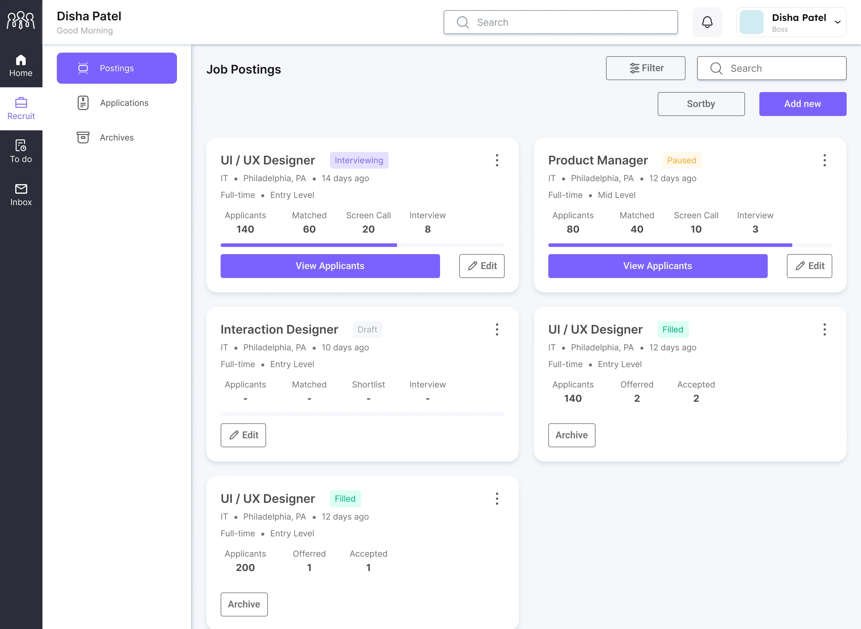 Employer job postings board showing each listing with Applicants, Matched, Screen Call, and Interview funnel counts