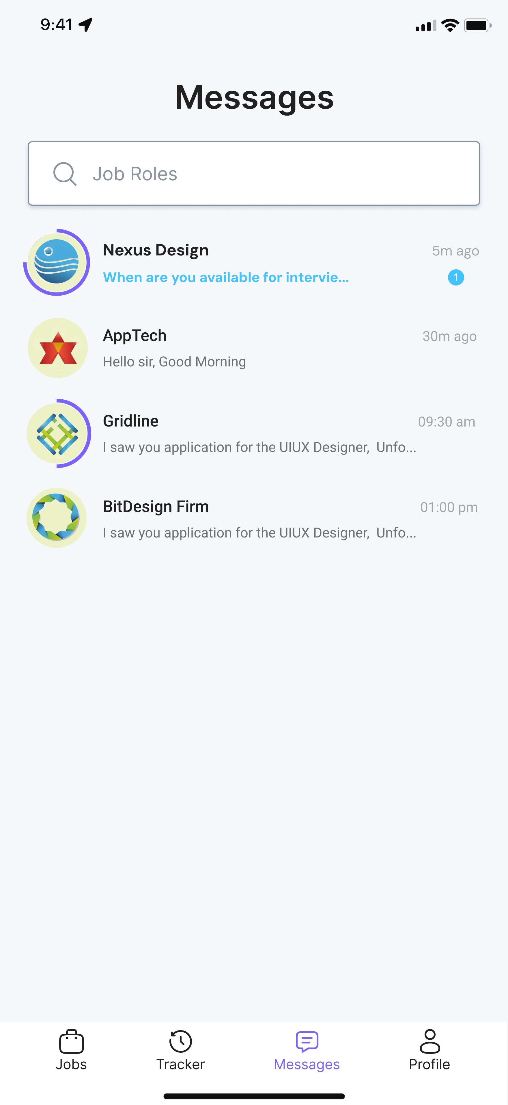 In-app messaging inbox showing conversations with Nexus Design, AppTech, Gridline, and BitDesign Firm
