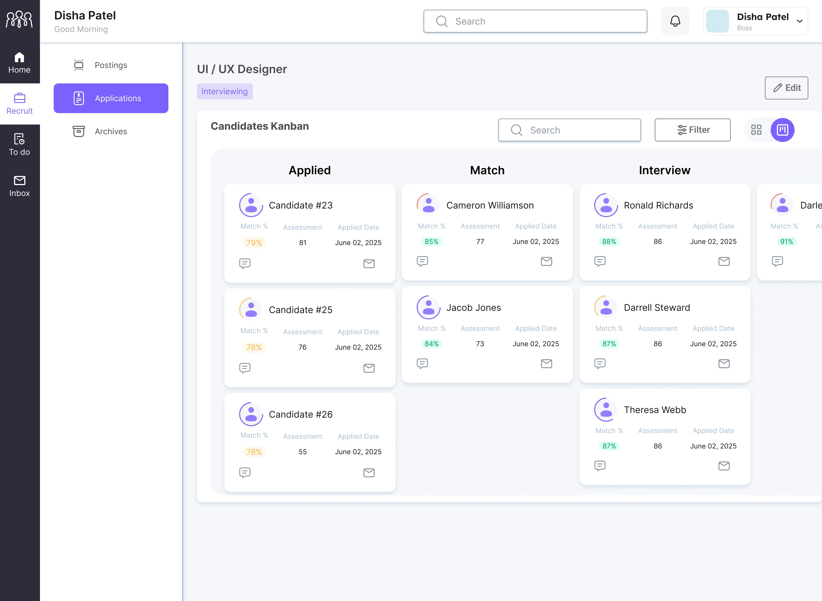 Candidates Kanban board organised by Applied, Match, and Interview stages