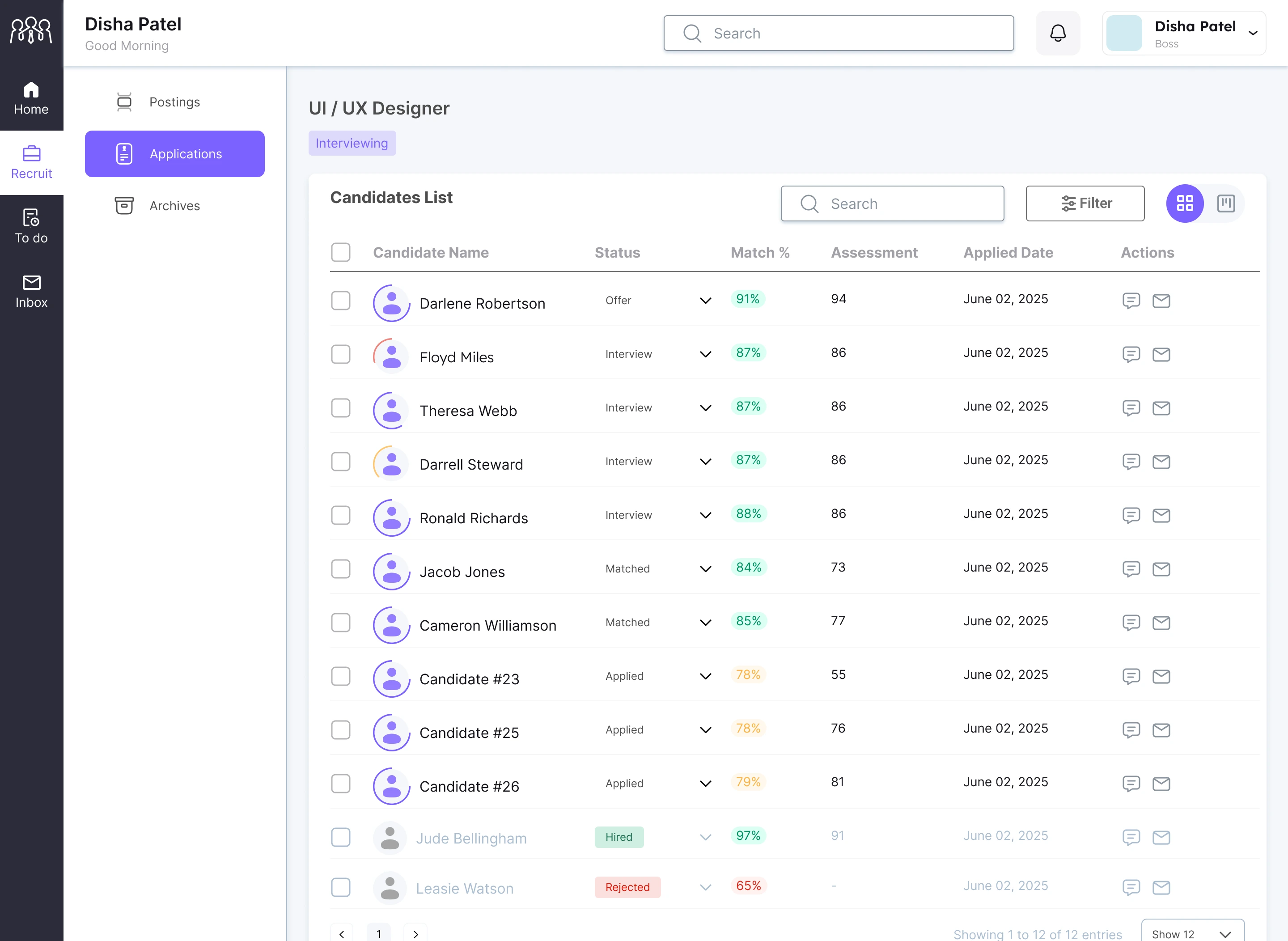 Candidates list view showing match percentage, assessment score, status, and applied date