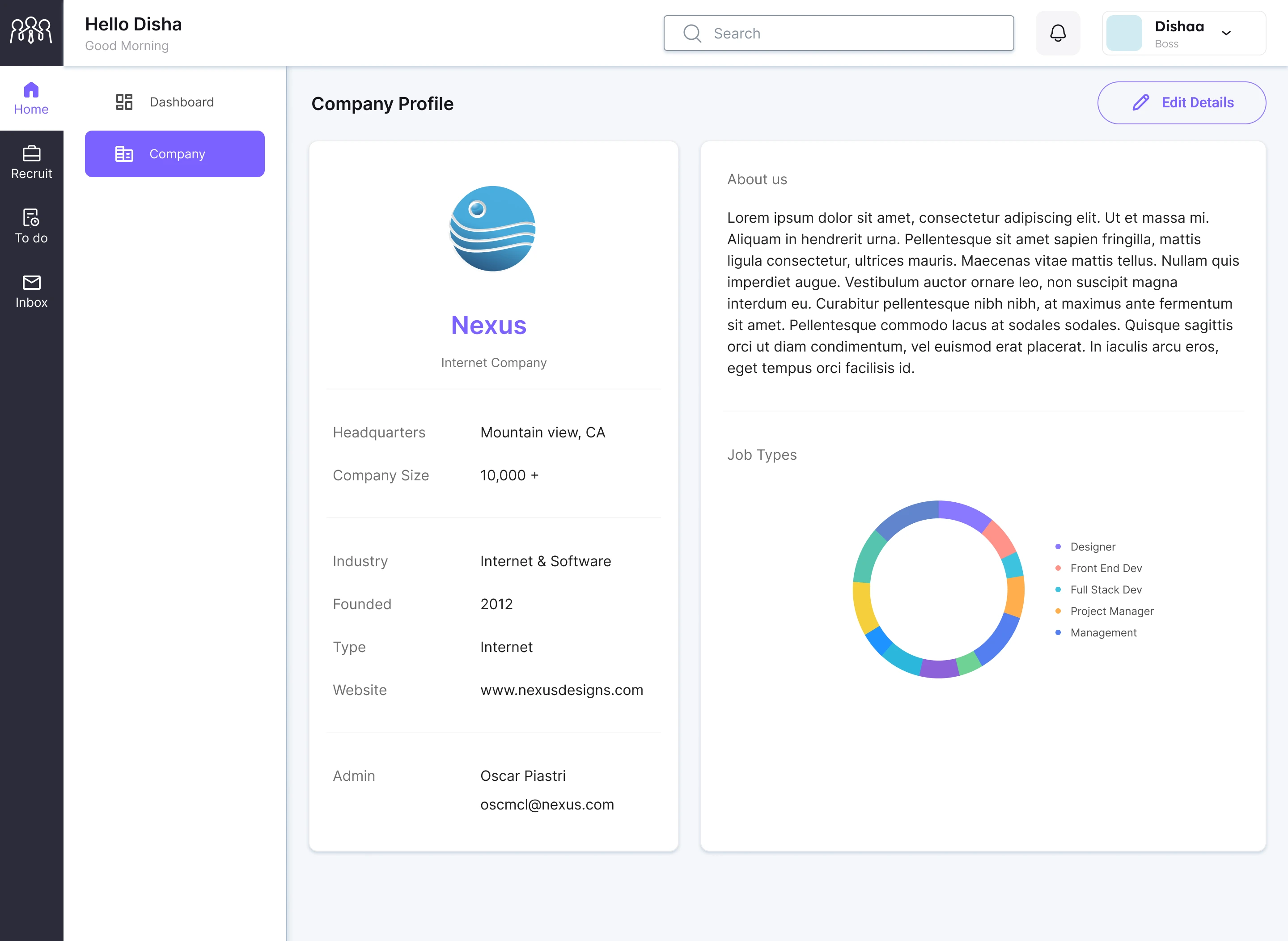 Company profile page for Nexus showing headquarters, size, industry, founding year, and active job type breakdown