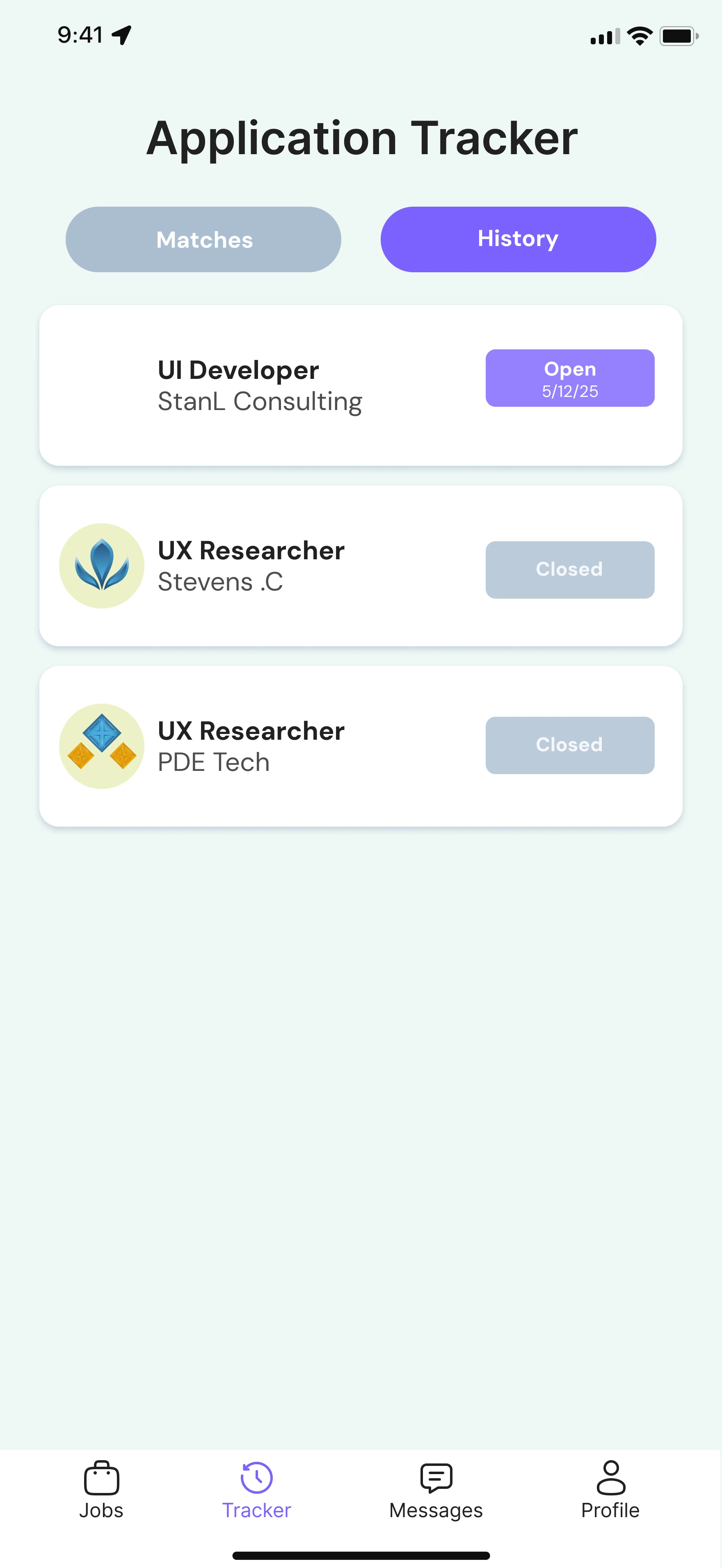 Application tracker showing Matches and History tabs with Open and Closed status per application