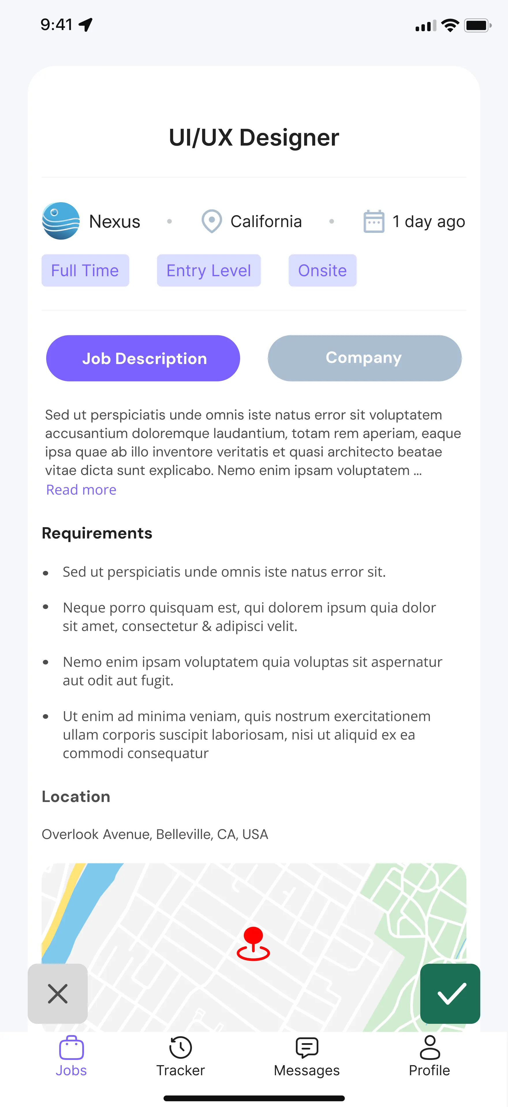 Job seeker's view of a job listing card showing role, company, and requirements — candidate identity is withheld until mutual match