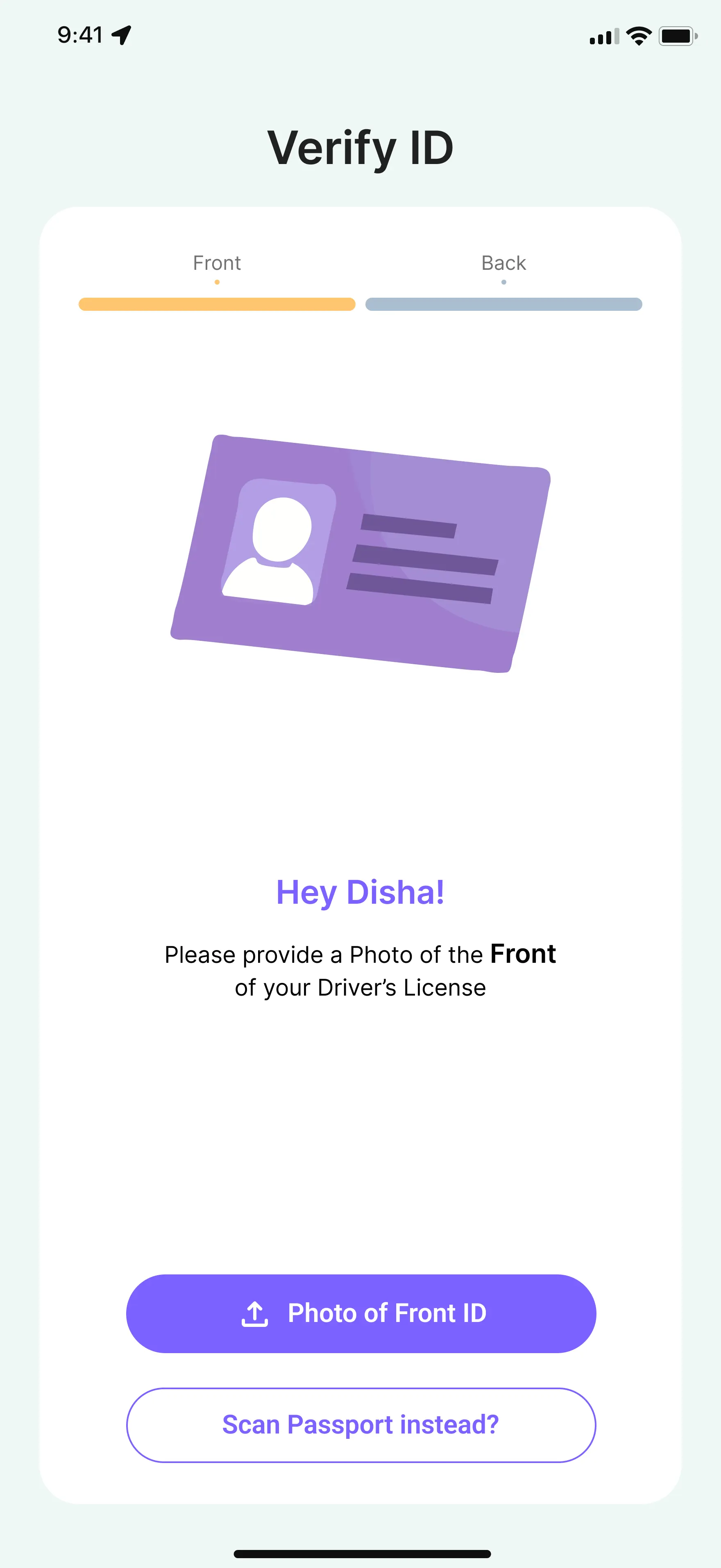 ID verification screen asking candidate to upload a photo of their driver's license front